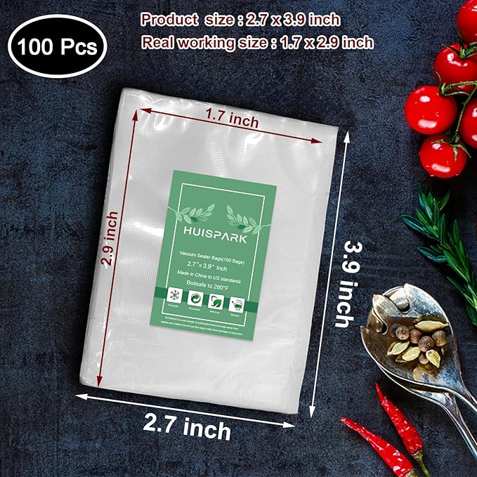 Vacuum Sealer Bags,2.7"*4" 100 Pcs Heavy Duty Pre-Cut Design Commercial Grade Food Sealable Bag for Heat Seal Food Storage,Boilsafe to 280°F Freezable,Good for Storage,Meal Prep and Sous Vide