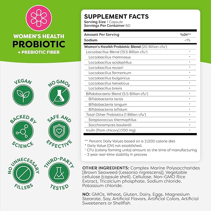 Probulin Women’s Probiotics, Daily Vaginal, Gut and Immune Health Supplement Capsules, 20 Billion CFU, 12 Probiotic Strains, Vegan, 60 Count Bottle