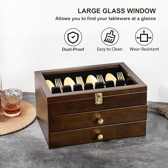 Silverware Box, 3-Layer Wooden Silverware Storage Box with Glass Lid, 14.5×10.6 Inches Luxury Style Decor Flatware Storage Case for Fine Flatware & Utensils, Gift Idea (Walnut)