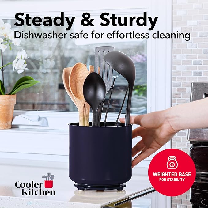 Plastic Rotating Extra Large Utensil Holder Crock with No-Tip Weighted Base, Removable Divider, and Gripped Insert - Dishwasher Safe Kitchen Utensil Holder for Kitchen Counter: Blue Utensil Caddy