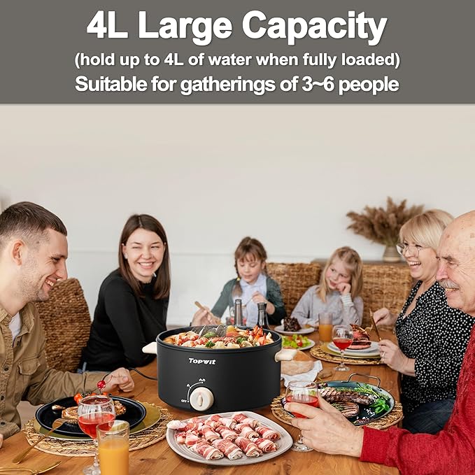 TOPWIT Hot Pot Electric, 4L Electric Pot with Non-Stick Coating, Dual Power Electric Cooker for Deep Frying, Steak, Pasta, Multi-Functional Large Capaity Shabu Shabu Pot for Party, Dark Black