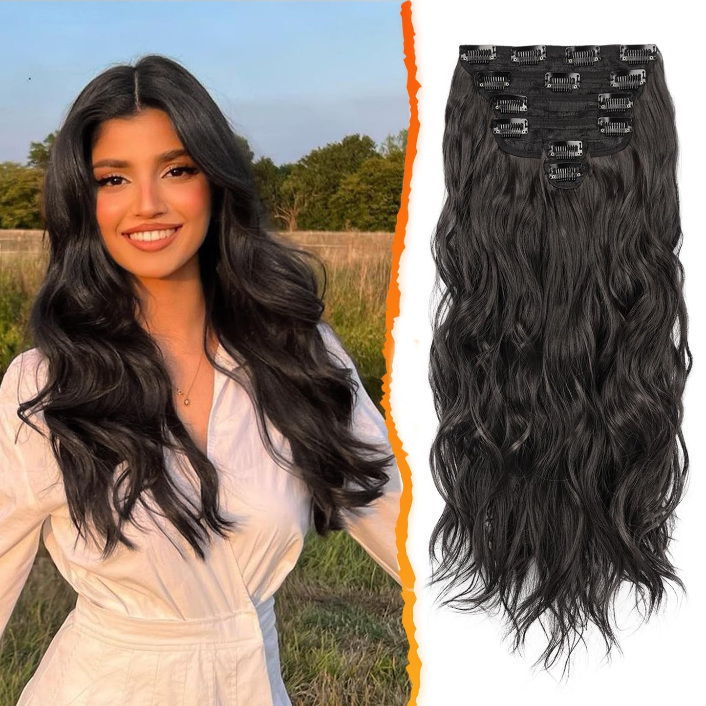 BARSDAR 20 Inch Beach Wavy Clip in Hair Extensions - 6PCS Thick, Soft Synthetic Clip Hairpieces, Full Head Black Brown Clip in H