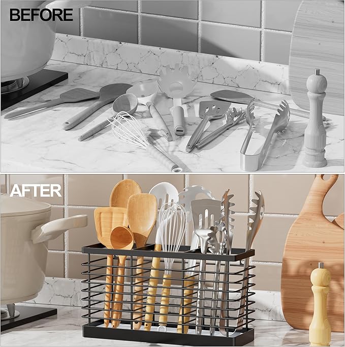 Utensil Holder for Kitchen Counter, Kitchen Utensil Holder for Countertop with Diatomaceous Earth Base, Large Cooking Utensil Organizer with 3 Compartments for Spatula Storage, Metal/ Black