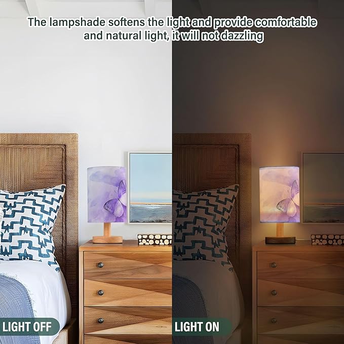 Table Lamp Watercolor Purple Butterfly Galaxy Nightstand Lamp with Wood Base Fabric Lamp Shade Bedside Desk Lamp for Living Room Bedroom Kids Room Office