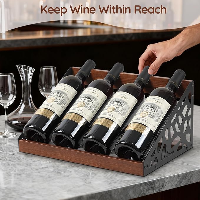 4-Bottle Rustic Countertop Wine Rack, Freestanding Wooden Tabletop Wine Bottle Holder for Cabinet, Pantry, Table, Kitchen
