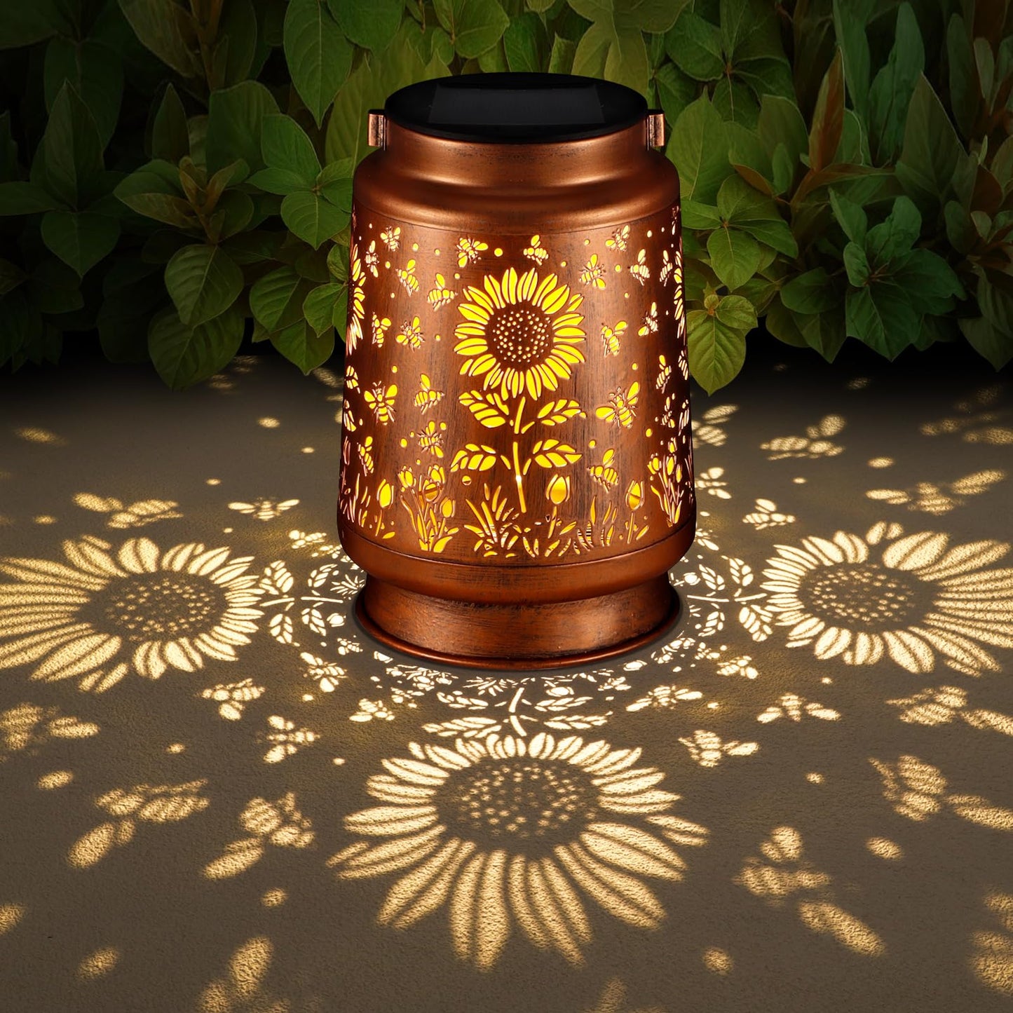 Solar Lantern Outdoor Hanging Waterproof Outside Metal Openwork Hummingbird Pattern Birthday Gifts For Women Mom Landscape Lights For Porch Garden Yard Patio Pathway Decor(Sunflower + Bee)