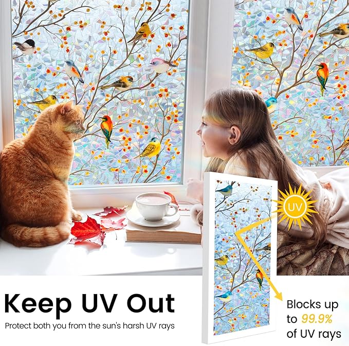 DKTIE Country Rustic Window Privacy Film Rainbow Film Decorative Window Sticker, UV2 Static Stained Glass Cling Tint for Home Heat Control Non-Adhesive (S3533, 35.4in X 118.1in)