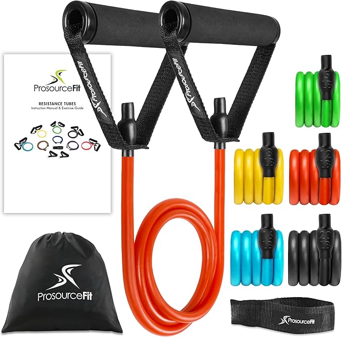ProsourceFit Single Stackable Resistance Bands with Door Anchor and Exercise Guide, 8-12 LB, Heavy Duty Fitness Tube for F...