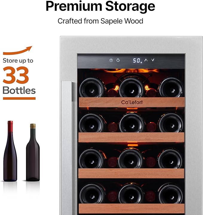 Ca'Lefort 15 Inch Wine Cooler Refrigerator, 33 Bottles Wine Coolers with Glass Door, 3 LED Built-in Compressor Fridge with Adjustable Shelves for Home Office Bar (3.0 cu.ft)