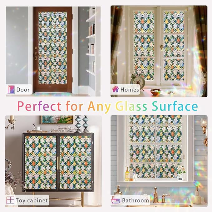 Lattice Stained Glass Window Film Static Cling with Tools - 23.6 x 78.7 Inch Non-Adhesive Privacy Decorative Rainbow Film for Windows, Doors, Sidelights - Easy Install & Remove