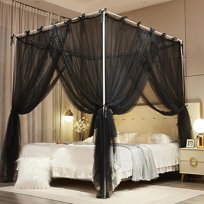 4 Corners Post Princess Curtain Bed Canopy Lace Up Double Layer 4 Opening Mosquito Net Mesh for Girls Bedroom Decoration(Black, 64" W*82" L*82" H/Queen)