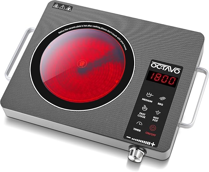 OCTAVO 1800 Watt Portable Infrared Burner, electric burner with 4 Hours Timer, Electric Hot Plate Touch Control Panel Adjustable Heating Power, Glass Cooktop for Cooking
