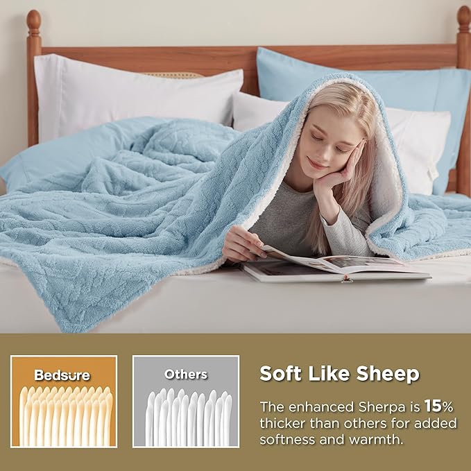 Bedsure Sherpa Fleece Blanket Twin Size for Bed - GentleSoft Fluffy & Cozy Cable Jacquard Tufted for Women Gift, Thick and Warm Blankets for Winter, Blue, 60x80 Inches