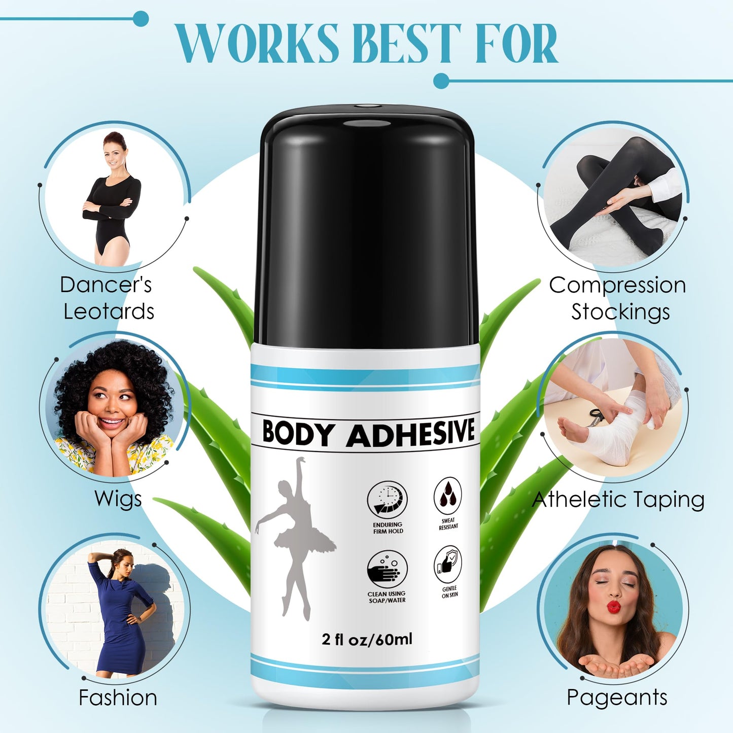 ElectricWise 1 Pcs Roll On Body Adhesive for Dancers, Sweat Resistant Water Wash Off Body Glue for Skin & Clothing, Fashion Butt Glue Applicator for Compression Stocking, Bras, Residue Free, 2oz