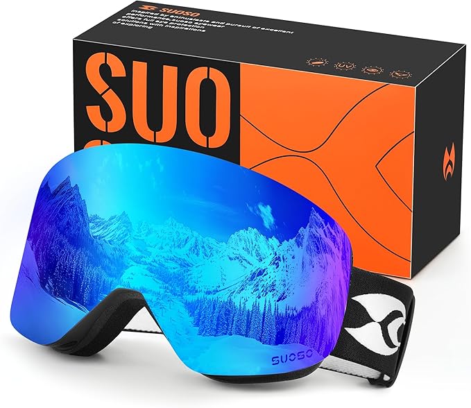 suoso OTG Ski Goggles for Men and Women, Frameless Magnetic Snowboard Goggles Anti Fog UV400 Protection Snow Glasses