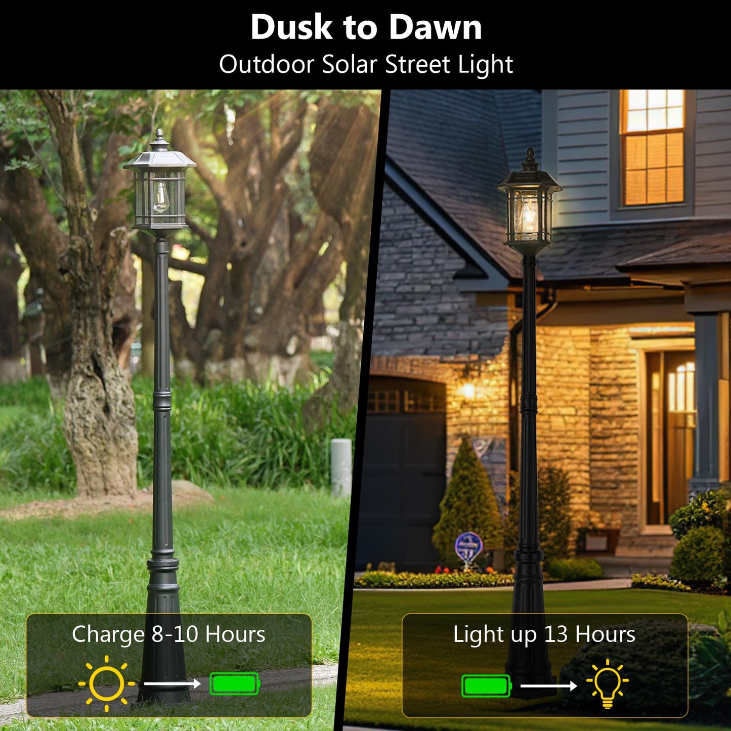 Emliviar 82in Solar Street Lamp, LED Dusk to Dawn Outdoor Light, Aluminum, Waterproof, Remote Control, Model A2202110PL-SL BK