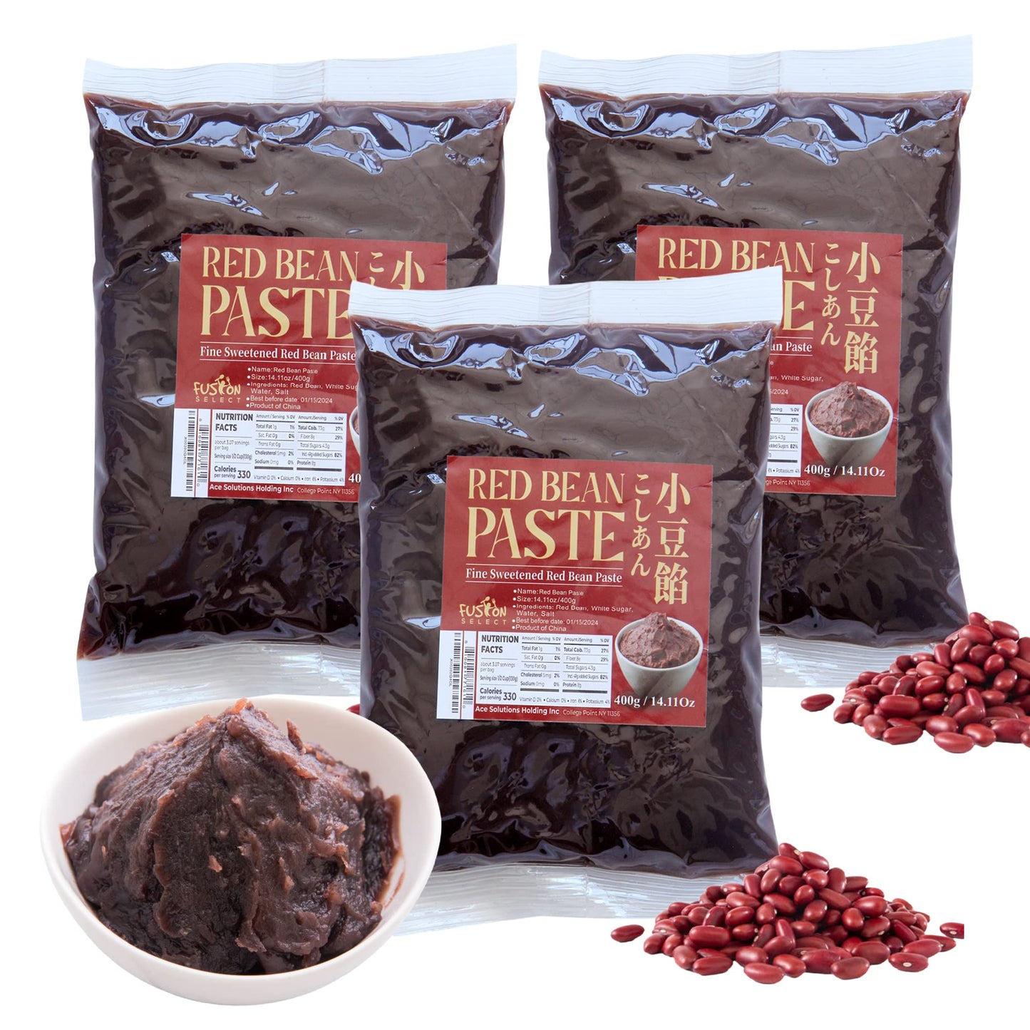Fusion Select 3 Packs Red Bean Paste - Fine Sweetened Adzuki Bean Paste for Desserts, Buns, Pastry Filling, Mochi - For Chinese,