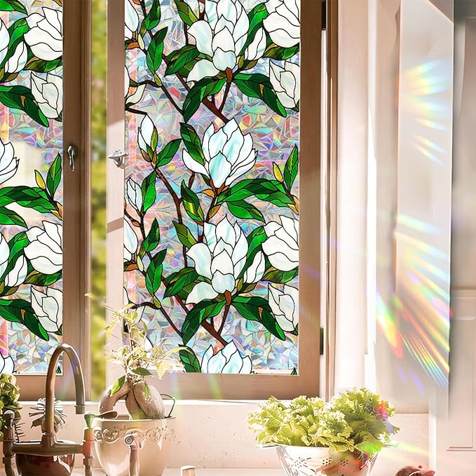 Stained Glass Window Film UV Resistant Window Privacy Film White Floral Privacy Rainbow Decals Living Room Bedroom Sun Blocking Decor Removable Static Cling Stickers 17 x 78.74 Inch