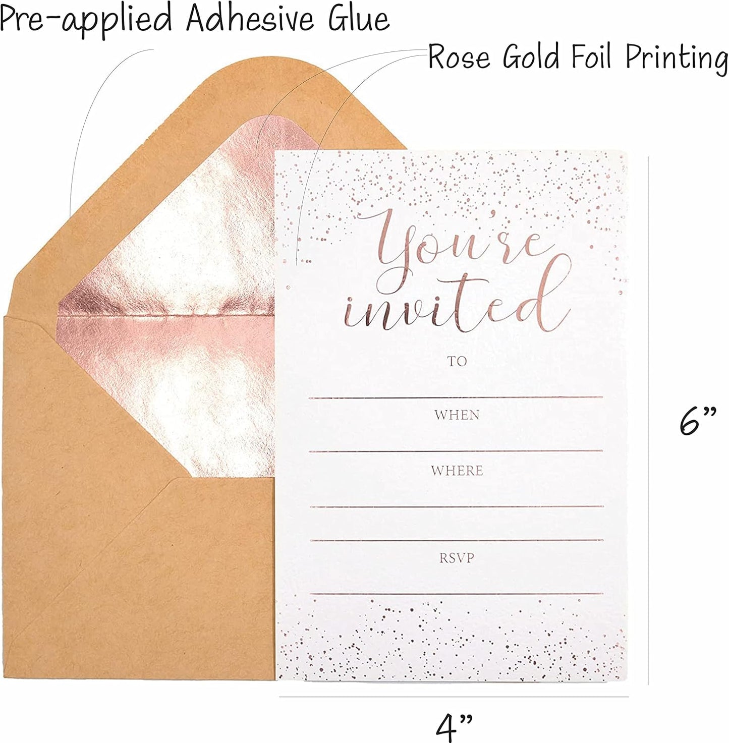 Invitation Cards - 50-Count 4" x 6" White Invitation Cards ‘’You Are Invited’’ in Rose Gold Foil with 52 Foil Kraft Envelopes – Invitation Cards For Wedding, Bridal Shower, Baby Shower, Birthday (50 Pack)