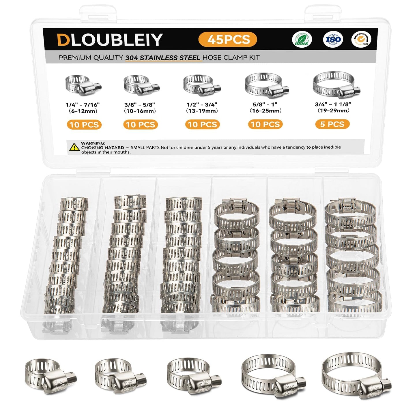 DLOUBLEIY 45PCS Hose Clamp Assortment Kit - Stainless Steel Hose Clamps with Worm Gear, Adjustable 1/4'' to 1-1/8'' (6-29mm) for Plumbing, Automotive, and Mechanical Applications