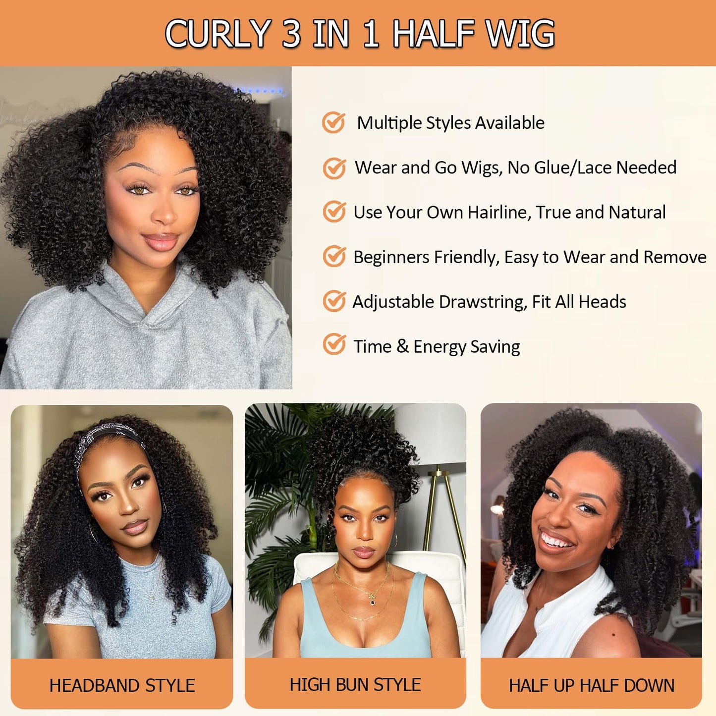 Half Wig Human Hair Curly 20 Inch 200 Density Glueless Jerry Curly Human Hair Half Wigs For Black Women 3 In 1 Seamless Flip Ove