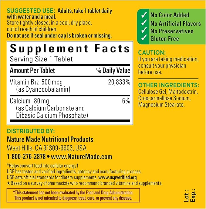 Nature Made Vitamin B12 500 mcg, Dietary Supplement for Energy Metabolism Support, 200 Tablets, 200 Day Supply
