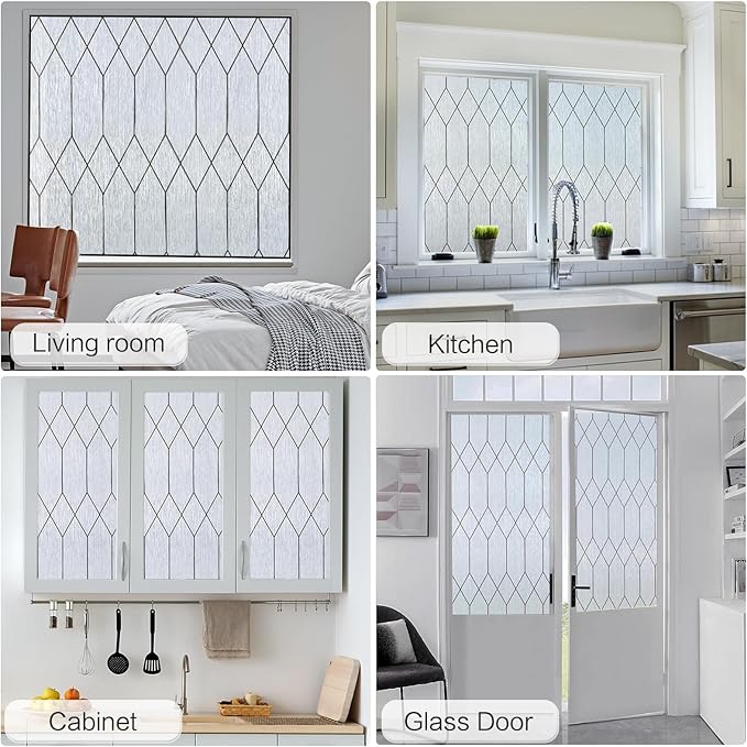 Windimiley Window Privacy Film Stained Glass Static Clings, Bathroom Frosted Leaded Decorative Window Stickers, UV Heat Blocking Opaque Removable for Home Door Coverings (23.6 x 78.5in,Rain)