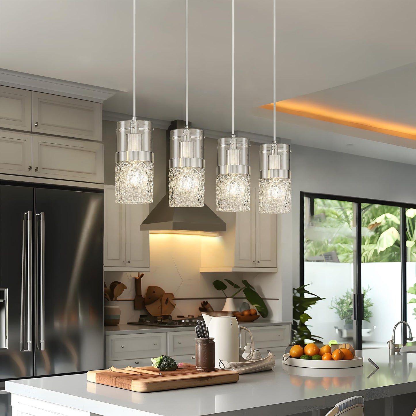 Lms 4-Lightisland Lighting  Brushed Nickel Kitchen Island Light Fixture  Farmhouse Linear Chandeliers For Dining Room Over Table Pendant Light With Hammered Glass For Living Room  Lms-171Bn4L
