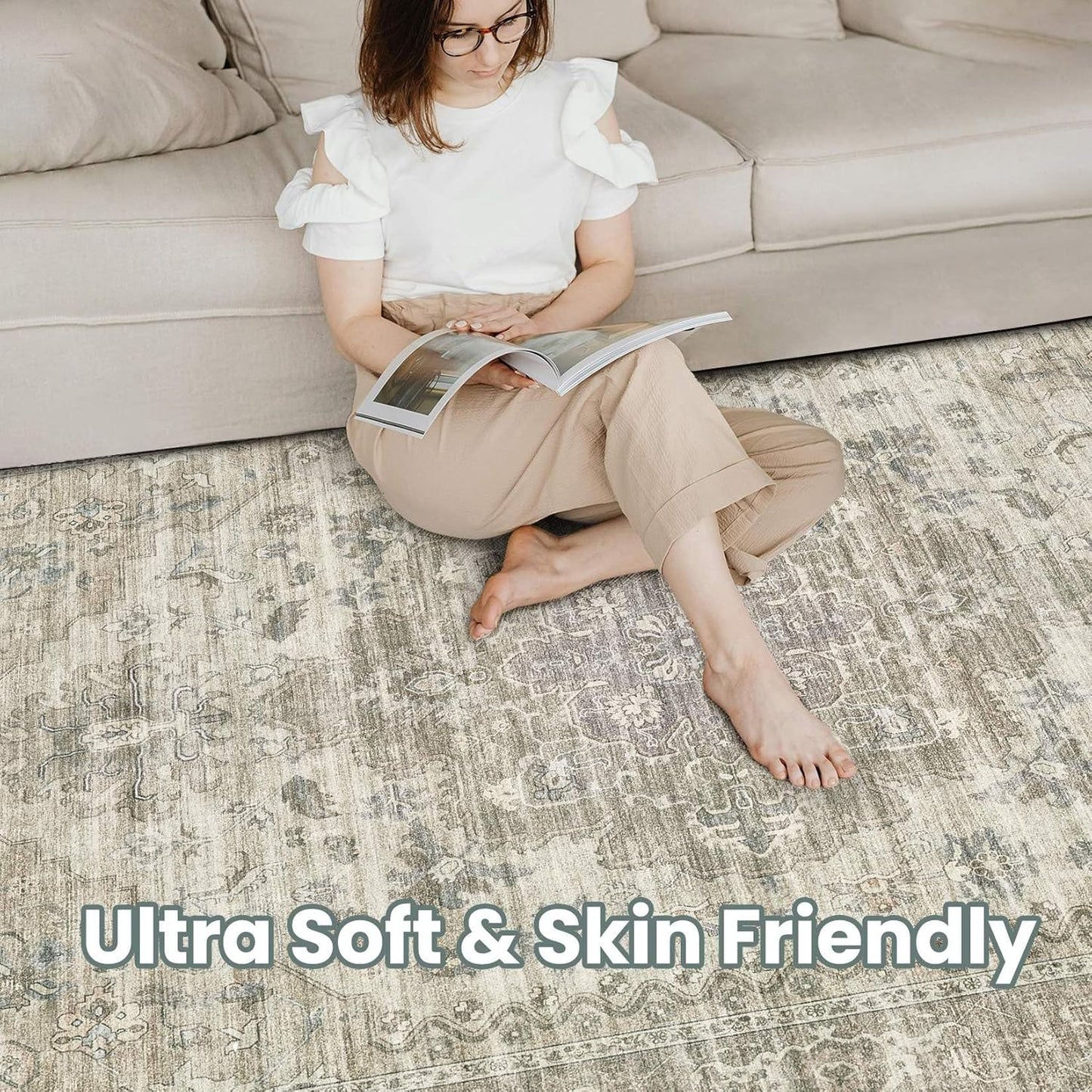 Washable Area Rugs for Living Room -9x12 Neutral Vintage Distressed Floral Farmhouse Boho Large Soft Floor Rug Indoor Non Slip Carpet for Living Room Bedroom Dining Room Office - Brown/Tan