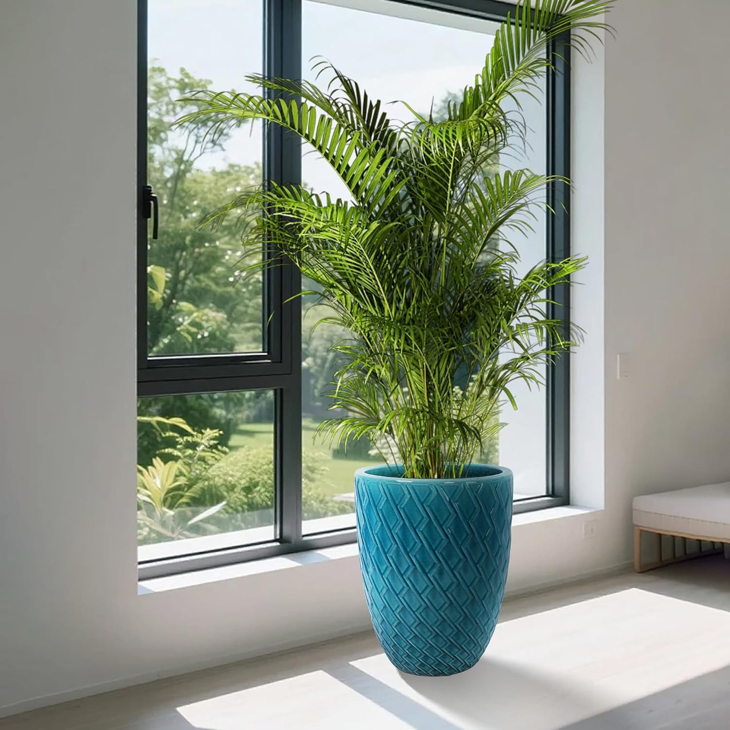 Large Ceramic Planter Pot 21 Inch, Tall Plante Pots Decorative Flower Pot with Diamond Textured Pattern and Drainage for Indoor Outdoor Plants (Teal Blue)