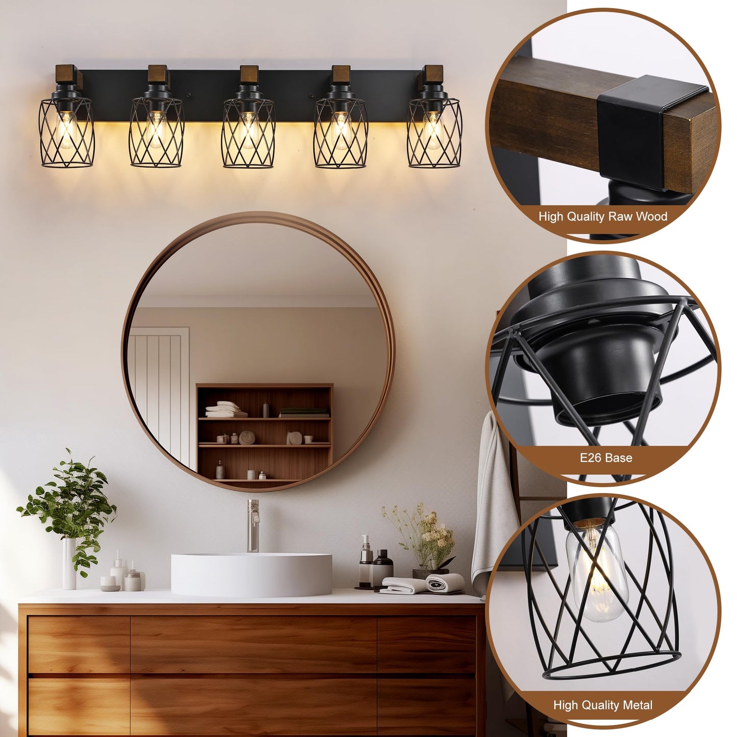 Xvmbvm Farmhouse Bathroom Vanity Light  5-Light Wood Bathroom Light Fixtures Over Mirror  Black Industrial Vanity Lights With Metal Shade  Rustic Bathrooms Lighting For Living Room  Bedrooms  Hallway