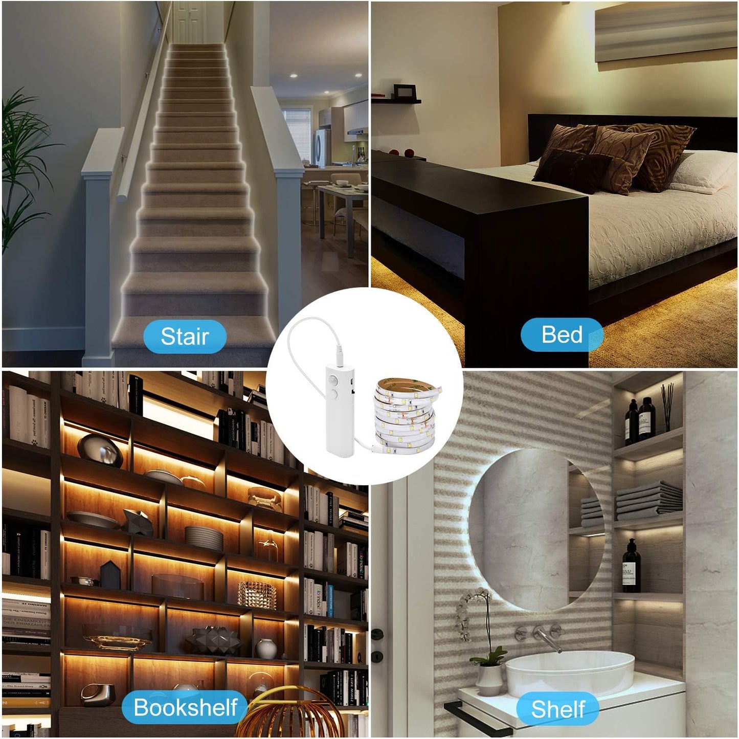 LUXJET 2pack Rechargeable LED Strip Lights, Cool White, Motion Sensor, Plastic, Under Cabinet Lighting