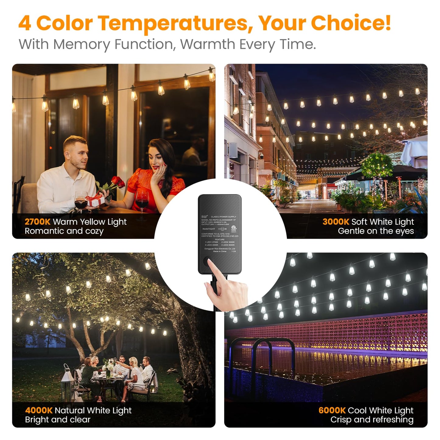 Kawaya Outdoor String Lights - 50FT Dimmable IP64 Waterproof LED Edison Lights for Patio, Black, Model YAST38-50FT-25US