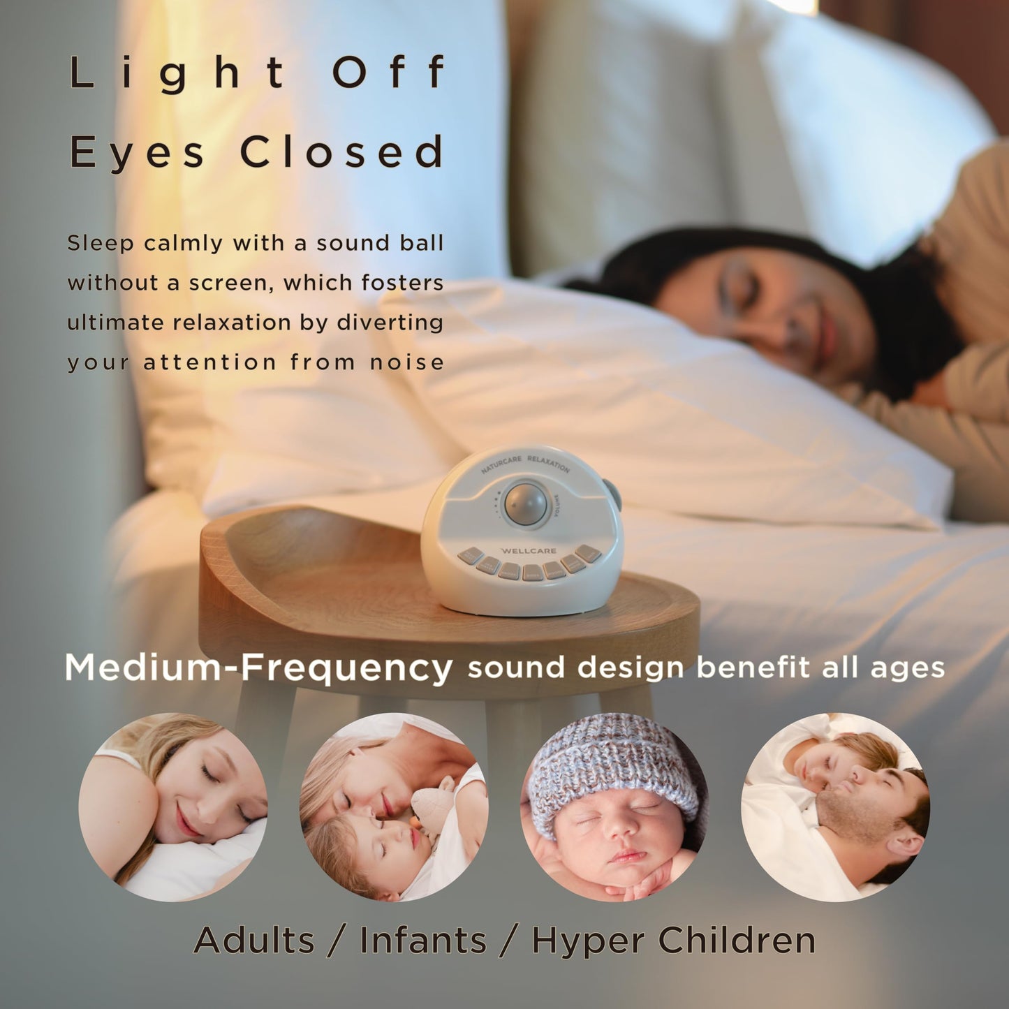 WELLCARE-Naturcare Sound Relaxation: White Noise, 7 Nature Sounds, Sleep Sound Machine, Calm Infants, for Baby, Kids, Adult. Stepless Volume, Timer, Powered by Adapter(Incl.) or Batteries(Not Incl.)