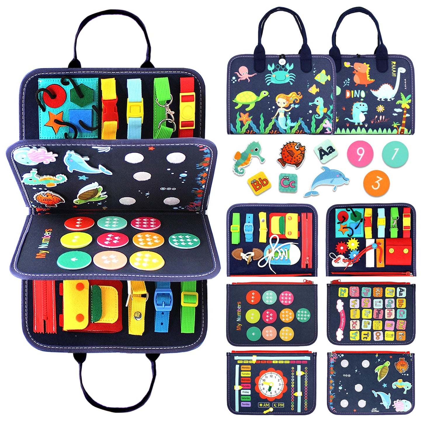 Qizfun Busy Board Montessori Toy for Toddlers, Educational Sensory Learning Toy for Fine Motor Skills, Preschool Travel Toy for Airplane & Car, Gifts for Boys and Girls (Blue/P4)