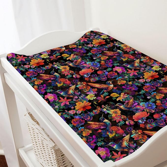 Colorful Hummingbirds Flowers Baby Changing Pad Covers Boy Girl 32''x16'' Spring Birds Blossom Garden Fitted Diaper Change Table Mats Animals Floral Soft Breathable Nursery Cradle & Bassinet Sheets