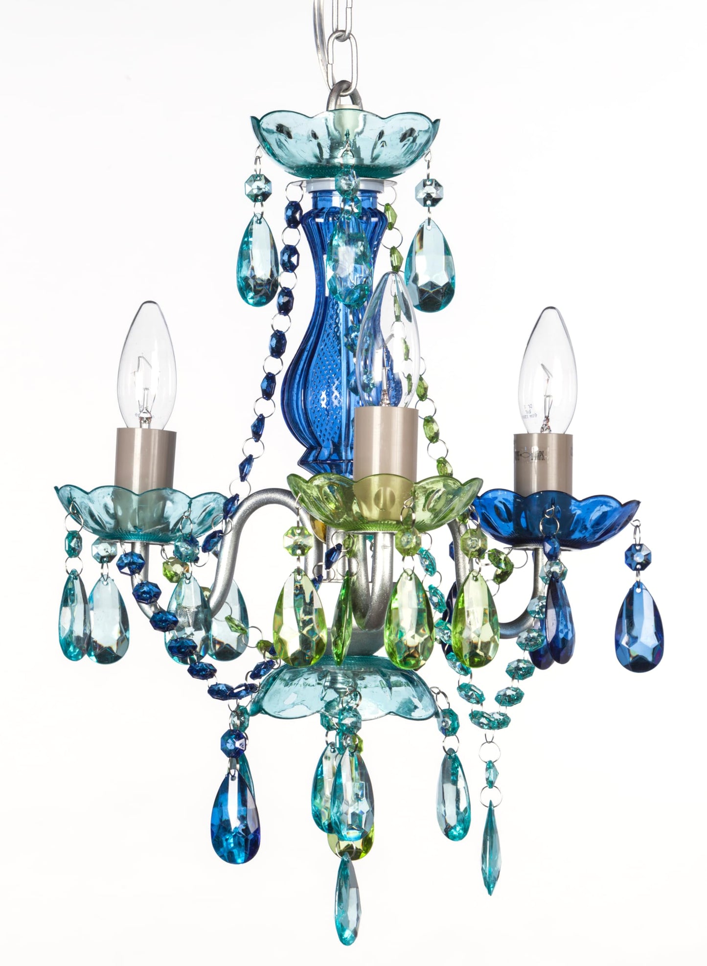 Gypsy Color Plug-In 3-Light Chandelier, Blue Green Glass, Silver Metal Frame, H17”Xw12”, Model Gymibg