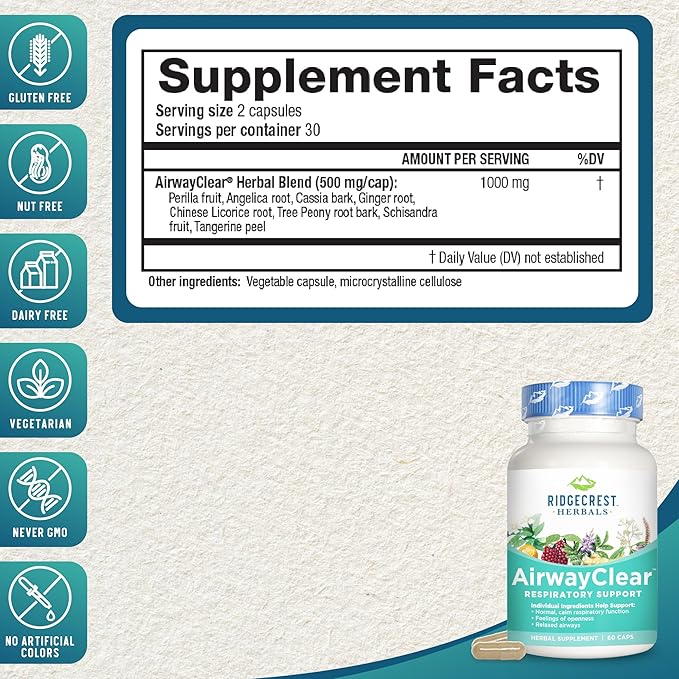 Ridgecrest Herbals AirwayClear, Lung Health and Breathing Support Supplements with Schisandra Fruit, Cassia Bark and Ginger Root, Sinus, Mucus Support, Gluten Free (60 Vegan Caps, 30 Serv)