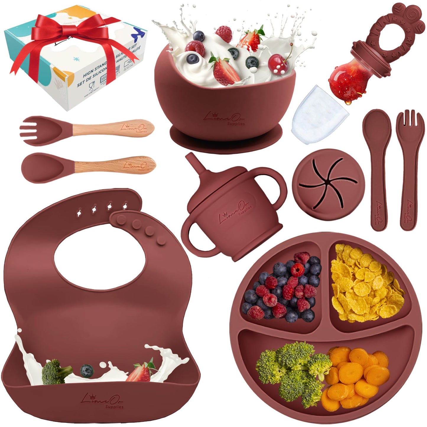 Silicone Baby Feeding Set – 10 Pcs Baby Led Weaning Supplies & Self Feeding Kit | Toddler Plates and Bowls Set, Bib, Fruit Feeder, Cup, Spoons & Forks – Empower Independence with LimOr - Red-Wine