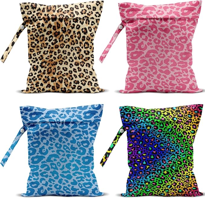 4 Pack Neon Leopard Print Wet Bag Waterproof Washable Reusable Wet Dry Bag for Swimsuit Dirty Clothes Diaper Travel Pool Beach Yoga Gym Travel Birthday Christmas Bachelorette Party Camping Toiletries