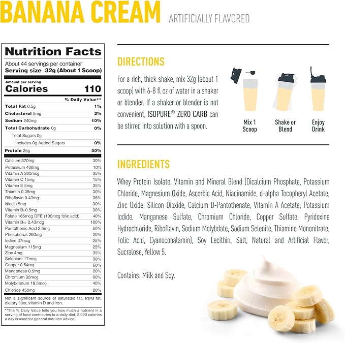 Isopure Zero Carb 100% Pure Whey Isolate Protein Powder, Lactose Free, Gluten Free, With Vitamins, Banana Cream, 25g Protein Per Serving, 3 Lbs, 44 Servings (Packaging May Vary)