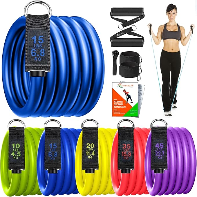 SmarterLife Resistance Bands with Handles, Physical Therapy Strap, Exercise Band to Tone Arms, Legs, Chest, Booty - 5 Exer...