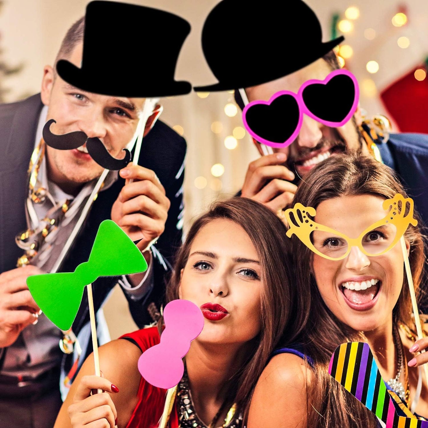 Gejoy 60 Pieces Photo Booth Props DIY Kit Graduation Funny Selfie Props Accessories for Wedding Prom Party Supplies Favors with Mustache on a Stick, Hats, Glasses, Mouth, Bowler, Bowties
