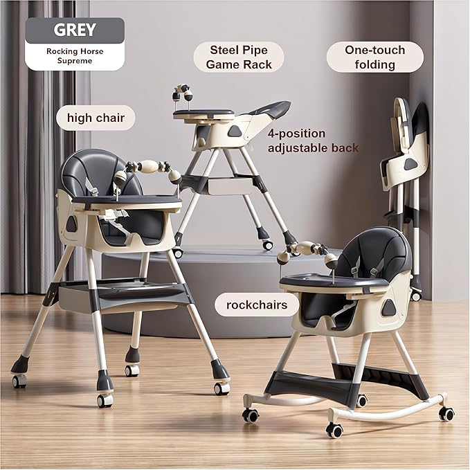 Nine point nine PU Leather High Chairs with Rocking Mode, High Chair for Babies and Toddlers, Adjustable and Easy to Fold Highchair, Highchairs with Double Tray (Grey)
