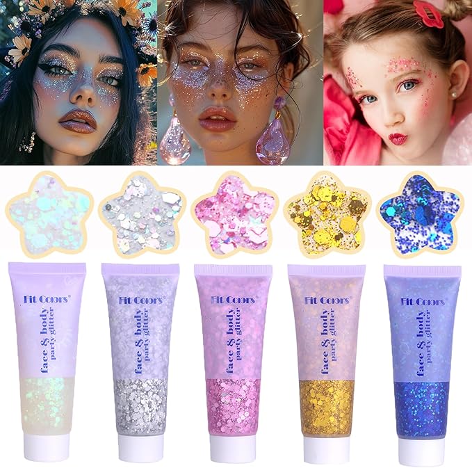 Face Body Glitter, Hair Glitter Sparkles Chunky Face Glitter Gel for Girls Makeup Singer Concerts Mermaid Festival Sequins...