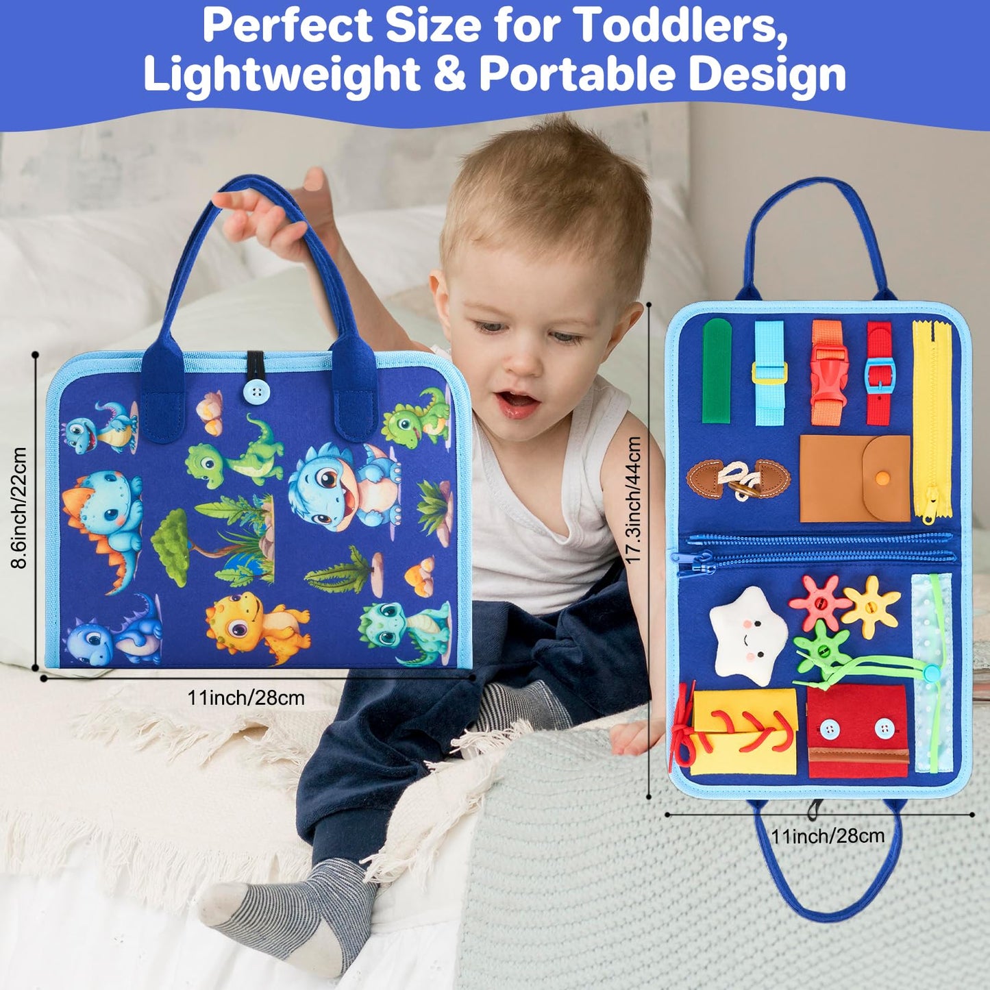 TOYSYM Toddler Busy Board Montessori Toys, Sensory Toys for 1 2 3 4 Year Old Boy, Busy Book Travel Educational Activities for Learning Fine Motor Skills Birthday Gifts (Blue Dinosaur/P10)