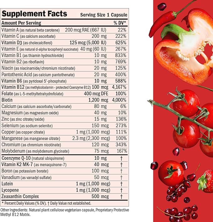 ANDREW LESSMAN Essential-1 Multivitamin 5000 IU Vitamin D3 60 Small Capsules - 100 mcg Methyl B12. CoQ10 Lutein Lycopene Zeaxanthin. High Potency. No Additives. Ultra-Mild. One Daily Capsule