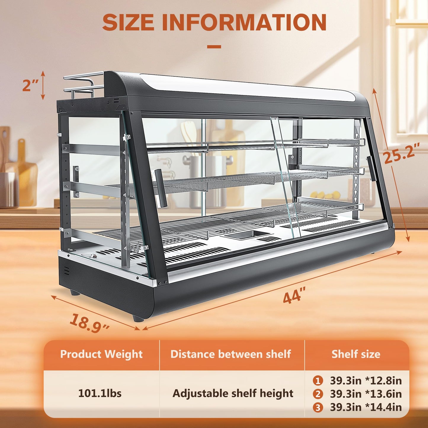 Whalefall Countertop Food Warmer with top Holder, 44 inch Commercial Food Warming Cabinet, tri-Color Lighting, w/Thermometer and Adjustable Thermostat for Cafeteria Kitchens Restaurants