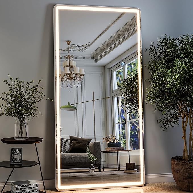 GLSLAND 26"x68" LED Full Length Mirror - Full Body Mirrors with Lights Dimmable 3 Color Lighting Floor Standing Mirror Hanging for Bedroom Living Room Cloakroom,White