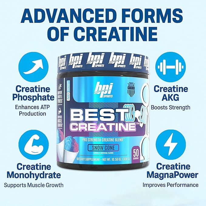 BPI Sports Best Creatine - Creatine Monohydrate Powder for Men & Women, Himalayan Salt - Strength, Pump, Endurance, Muscle Growth, Muscle Definition - No Bloat - Snow Cone - 50 servings - 10.58 Oz